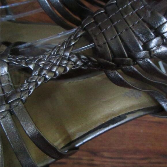 Gold Leather Gladiator Sandals Size 6 Strappy 3.5in Wood Heel Back Zip Moto Boho - Picture 13 of 15